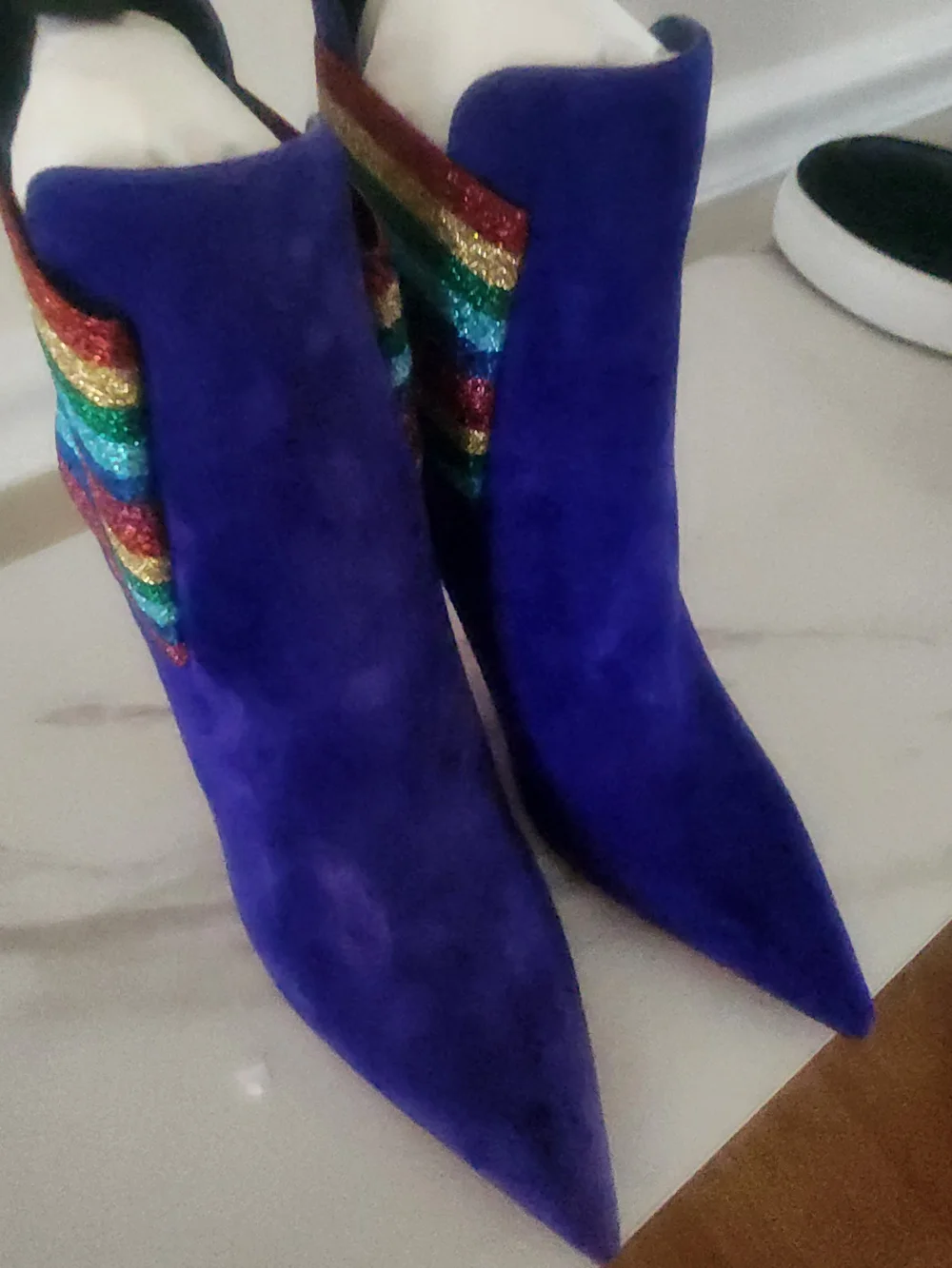 Christian Louboutin Women's Electric Blue Suede Pointed Booties  Rainbow Accent